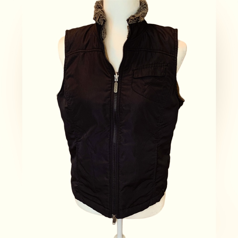 COLUMBIA Reversible Black/Tan Vest Faux Fur Collar